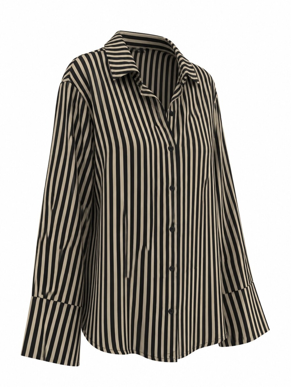 Etiquette Women's Black Cream Striped Button-Down Blouse Large Silky Classic